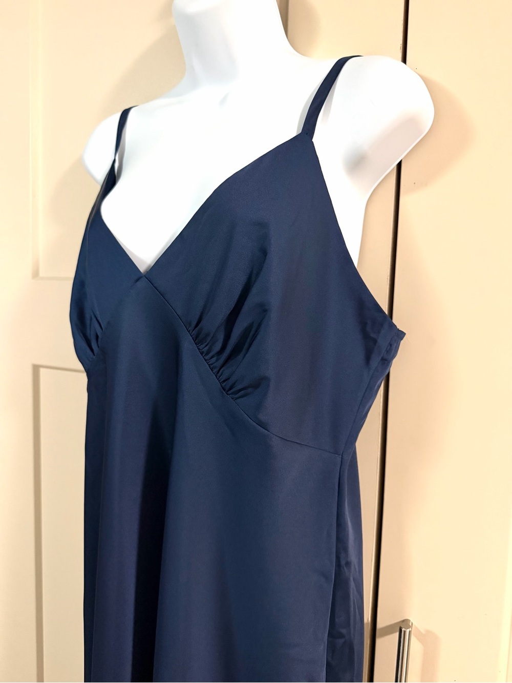 SOMA Navy Blue Stretch Luster Knit Night Gown Size XL Satin Spaghetti Straps - Picture 3 of 14